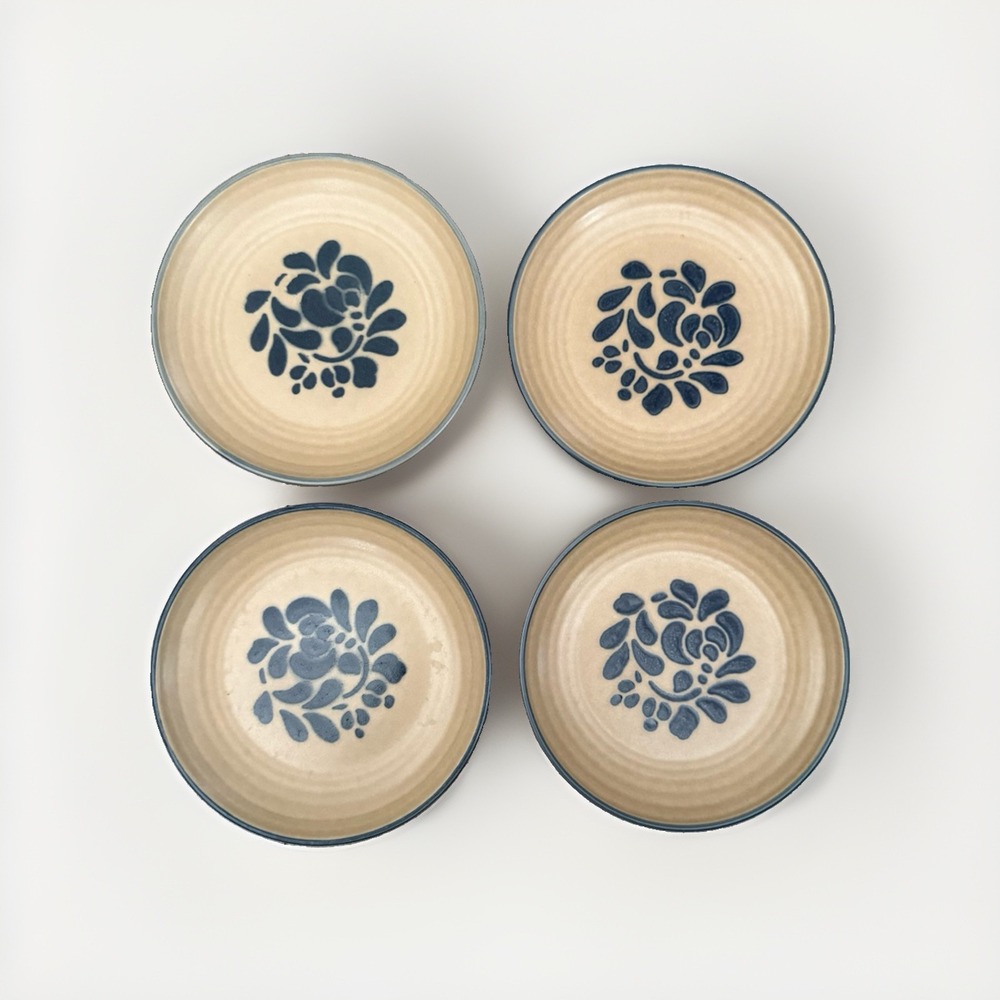 Vintage Pfaltzgraff Folk Art Tan & Blue 7" Salad Bread Plate Set Of 4 Excellent